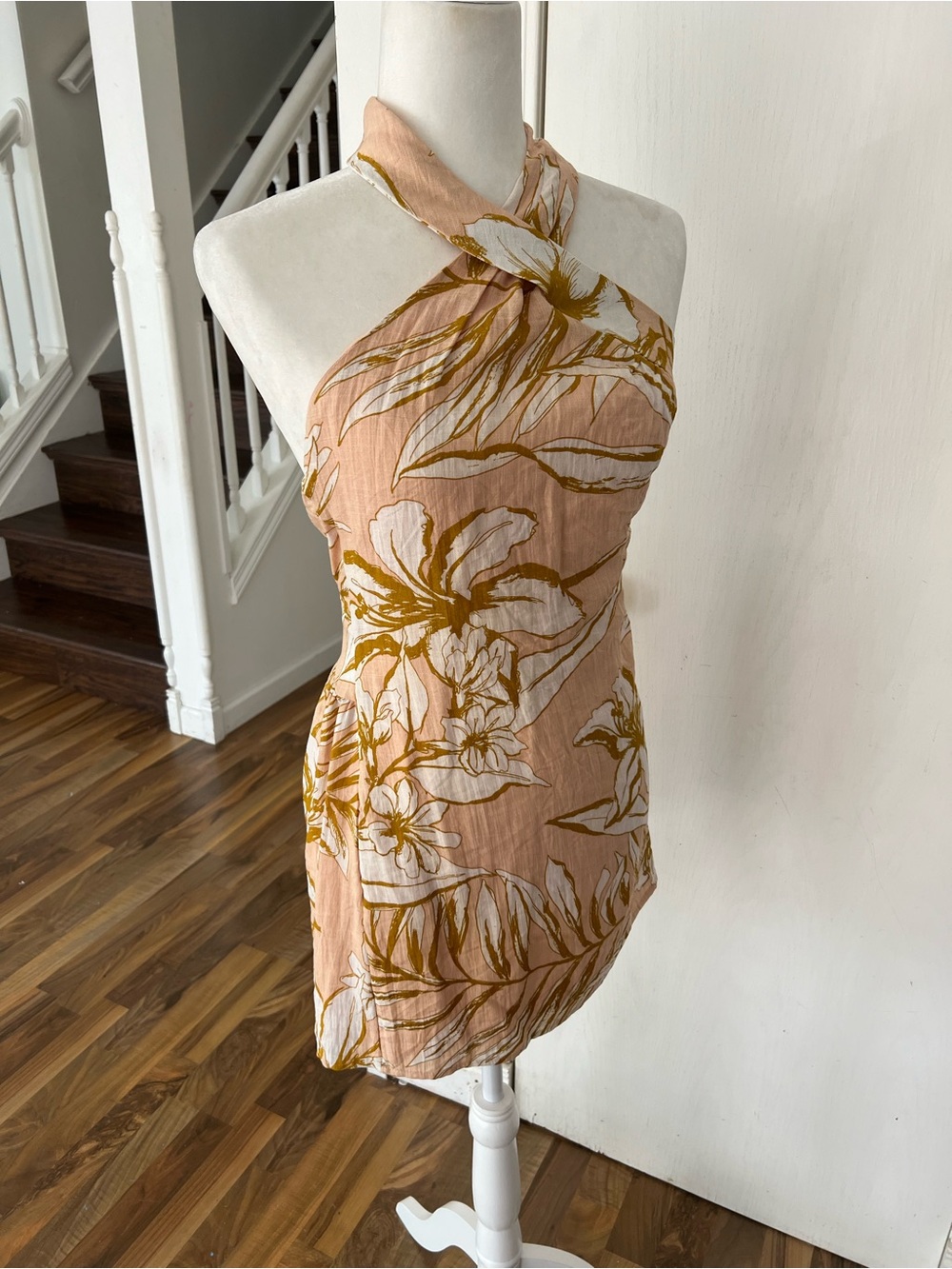 Hello Molly Beige Halter Mini Dress with Orange Tones Floral, Small, Brand New